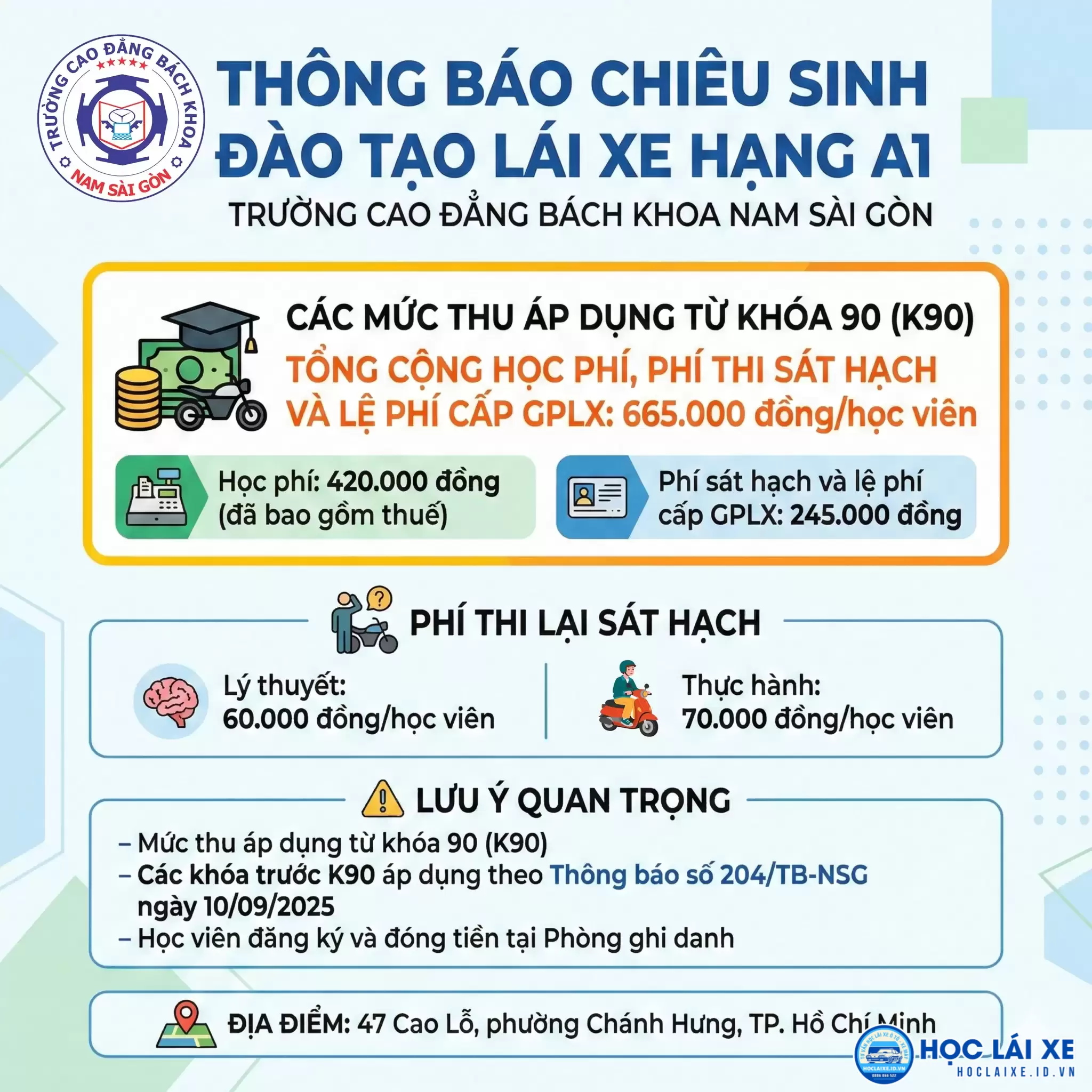 Thông báo về Mức thu học phí, lệ phí thi và cấp giấy phép lái xe môtô hạng A1