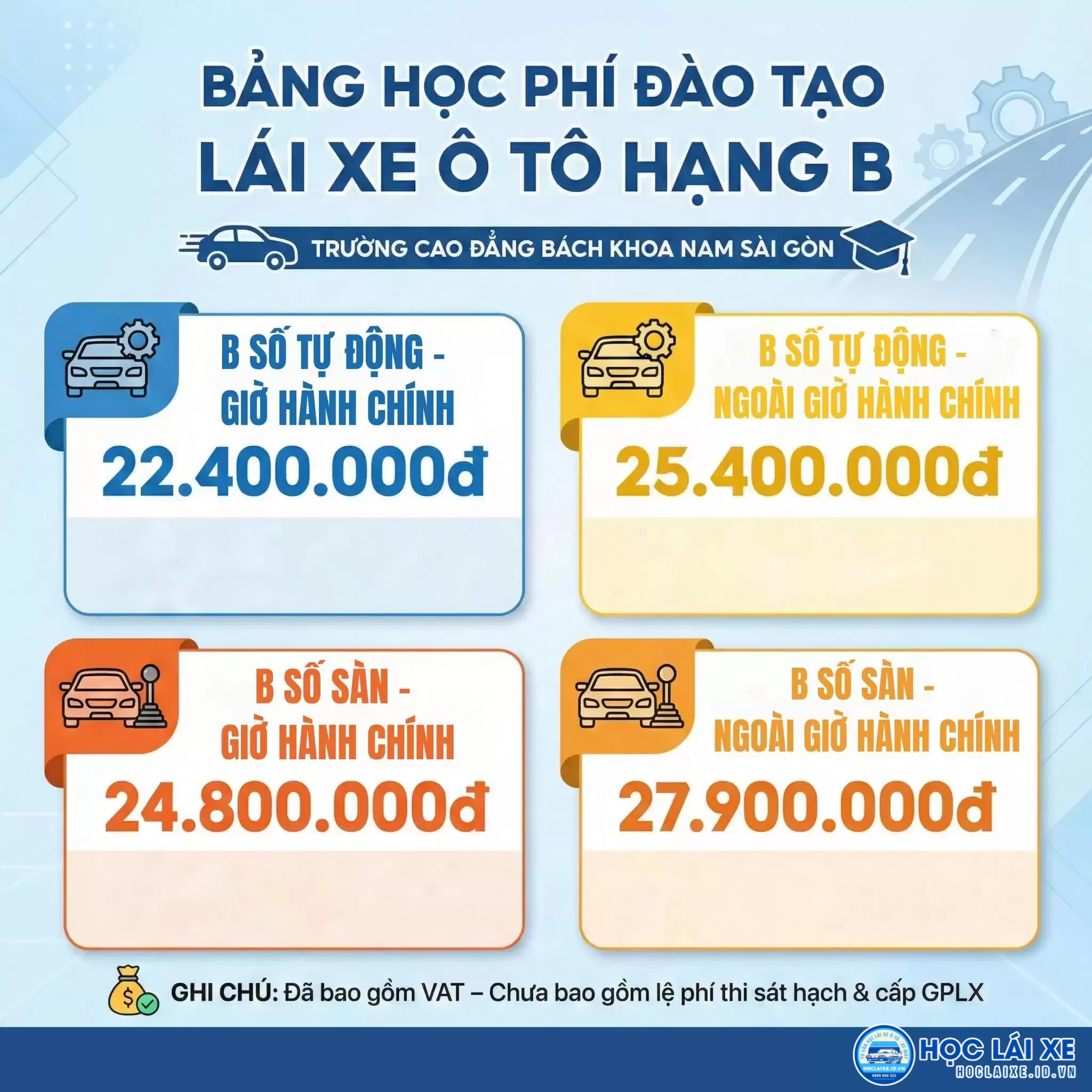 Thông báo thu học phí đào tạo lái xe ô tô Hạng B số sàn từ khóa 186, hạng B số tự động từ khóa 32