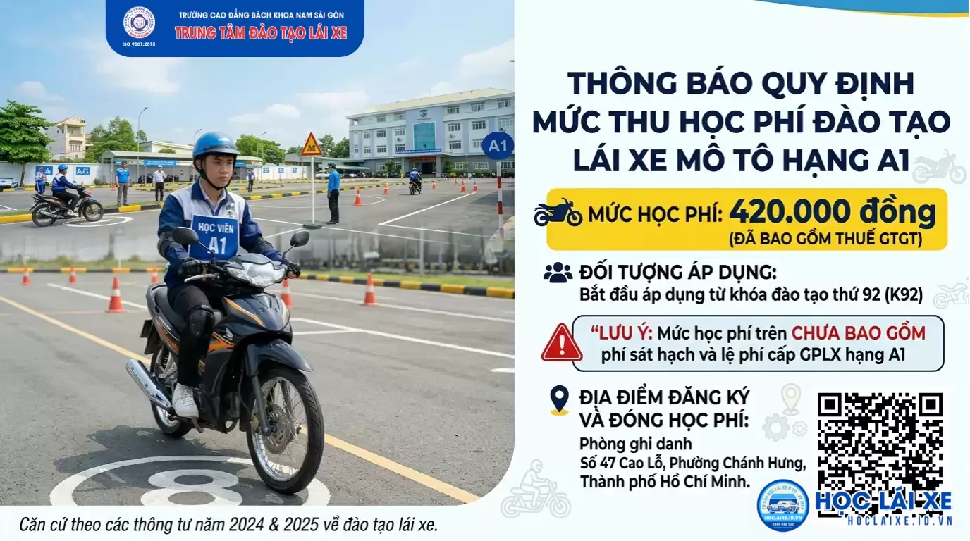 Thông báo về mức thu học phí học lái xe mô tô hạng A1